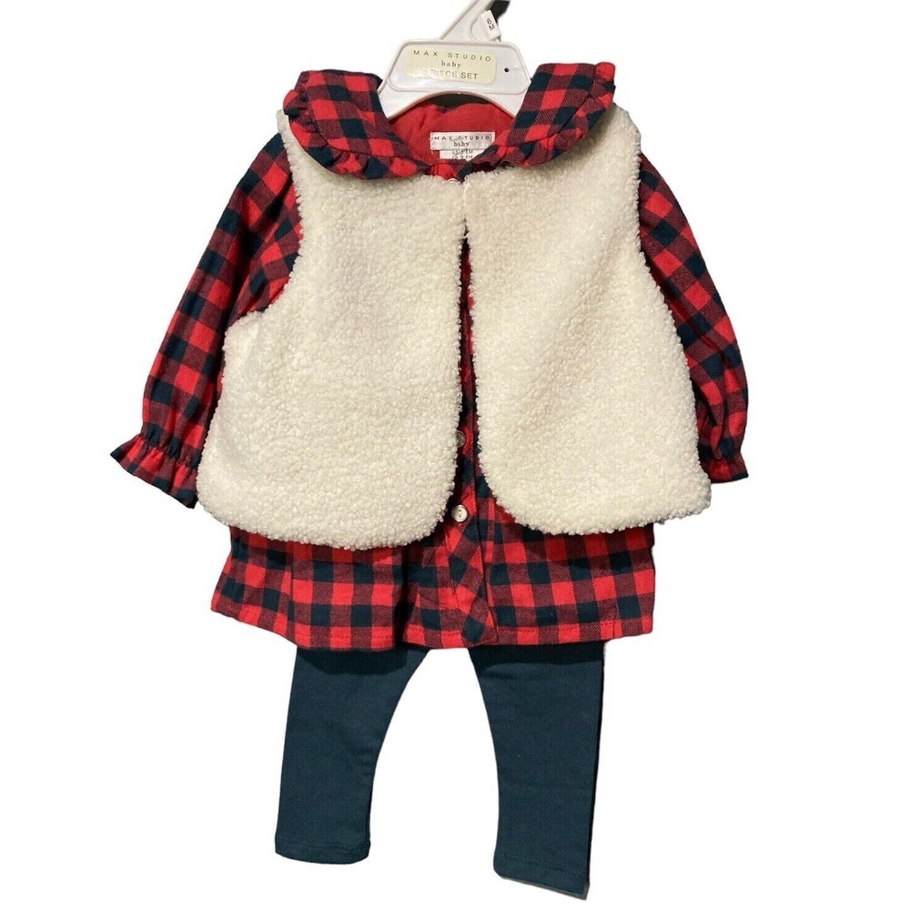 Max‎ Studio 3pc Holiday Outfit Set Flannel Shirt Vest & Leggings Sz 3-6 Months